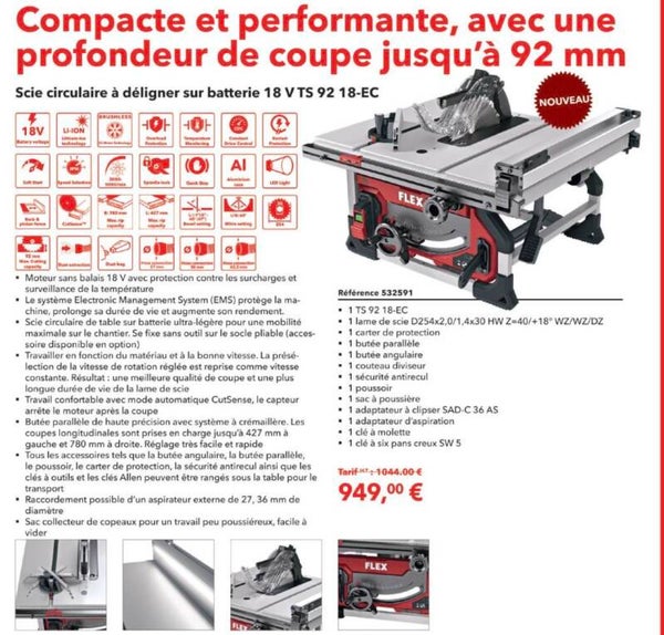 profondeur de coupe jusqu'à 92 mm Scie circulaire à déligner sur batterie 18 V TS 92 18-EC