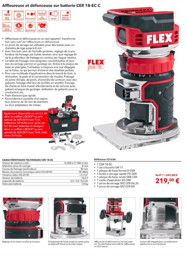 Affleureuse et défonceuse sur batterie CER 18-EC C nue sans batterie ni chargeur