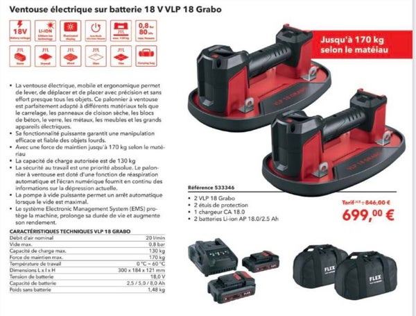 Ventouse électrique sur batterie 18 V VLP 18 Grabo