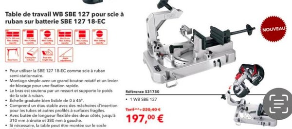 Table de travail WB SBE 127 pour scie à ruban sur batterie SBE 127 18-EC