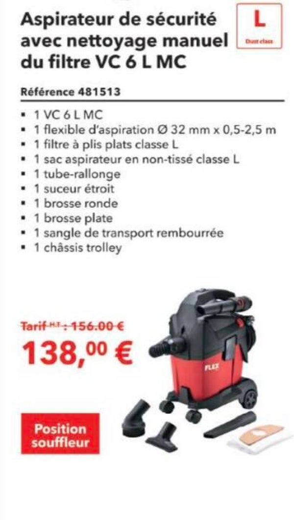 Aspirateur de sécurité avec nettoyage manuel du filtre VC 6 L MC