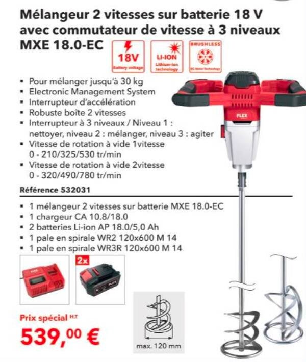 Mélangeur 2 vitesses sur batterie 18 V avec commutateur de vitesse à 3 niveaux MXE 18.0-EC