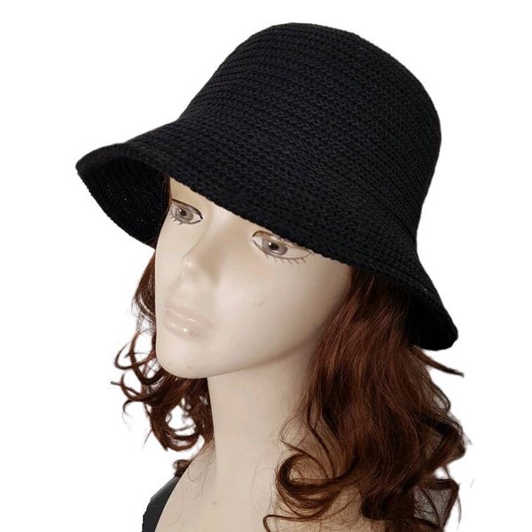 Dames gehaakte zonnehoed Zwart -V bestendig HOED (UPF50+)