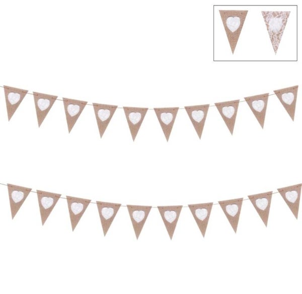 Vlaggenlijn Jute Hartjes, kant Slinger -Feest slinger- 2 stuks Slingers