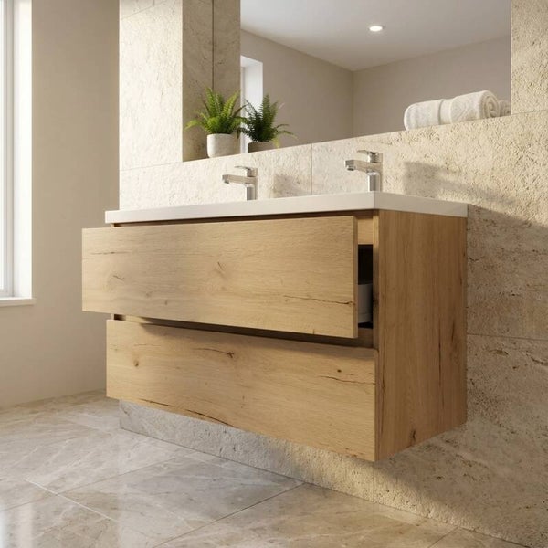 Norvex  - Badmeubelset Linea 100 cm met wastafel van mineraal composiet – Houtlook