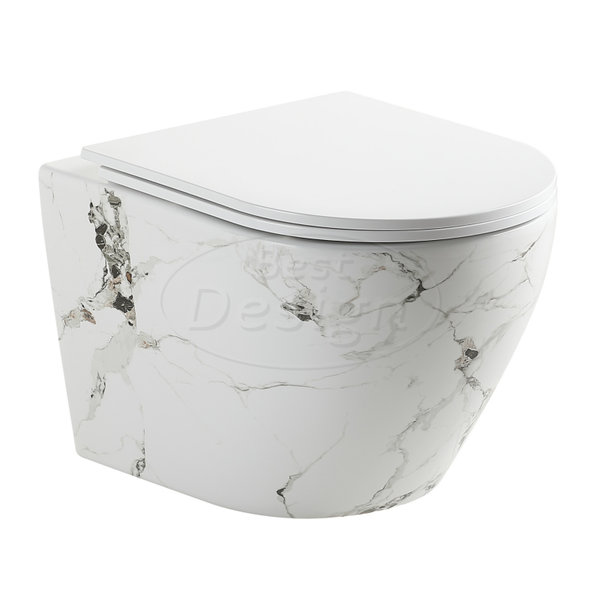 Best Design - Zeus-49 wandcloset zonder spoelrand incl. zitting Glans-wit marmer-look
