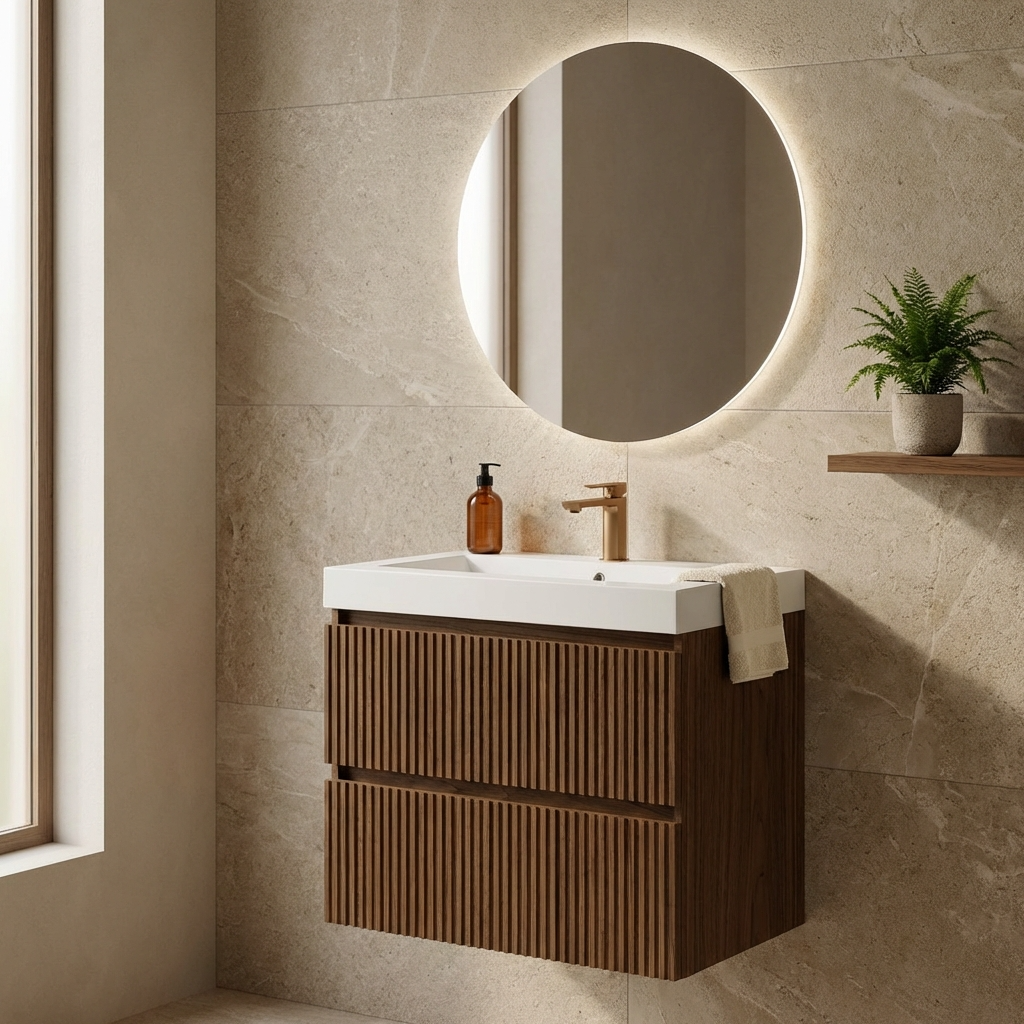 Norvex – Strato Badmeubelset 80 cm met mineraal composiet wastafel – Houtlook lattenstructuur