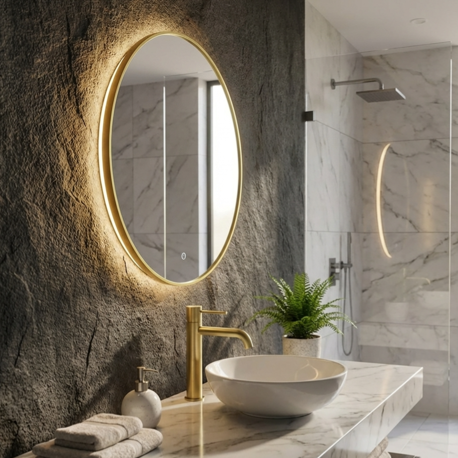 Saniway - Aurelia Ronde LED Badkamerspiegel met Spiegelverwarming (Geborsteld messing)