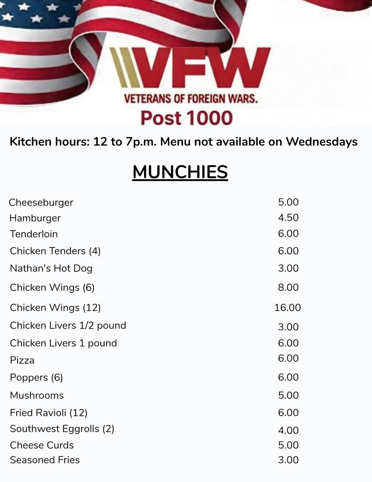 Menu / Canteen | VFW Post 1000