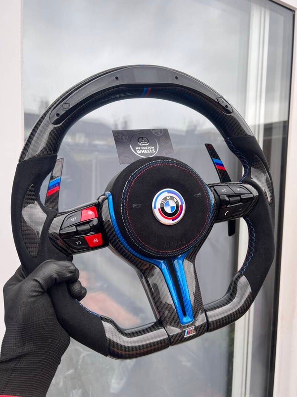 BMW Led Steering Wheel Blue Carbon Fiber + Black Alcantara + Airbag Cover