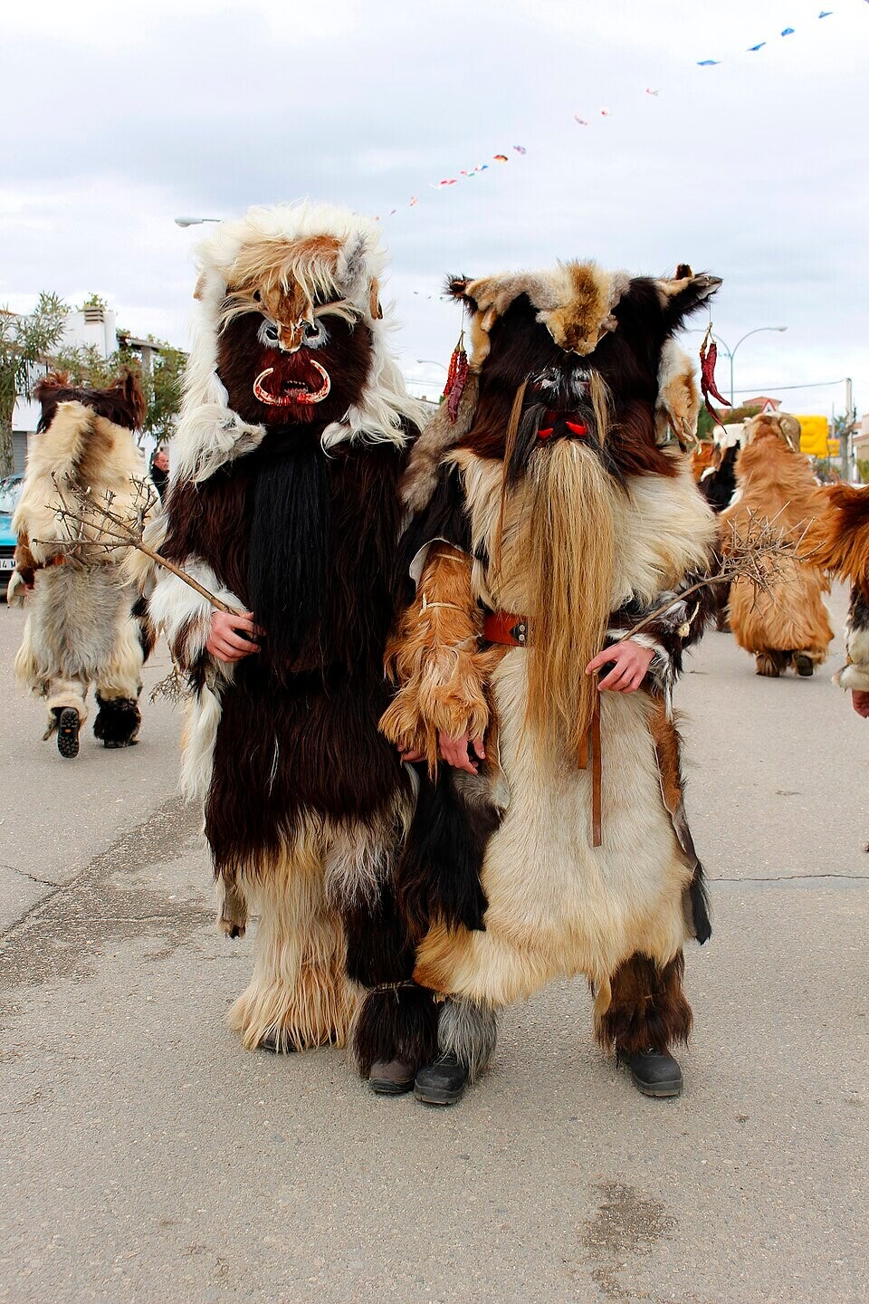Dos Carantoñas de Acehúche con trajes de pieles y caretas de colmillos y pimientos secos, portando ramas de acebuche, en la fiesta de San Sebastián