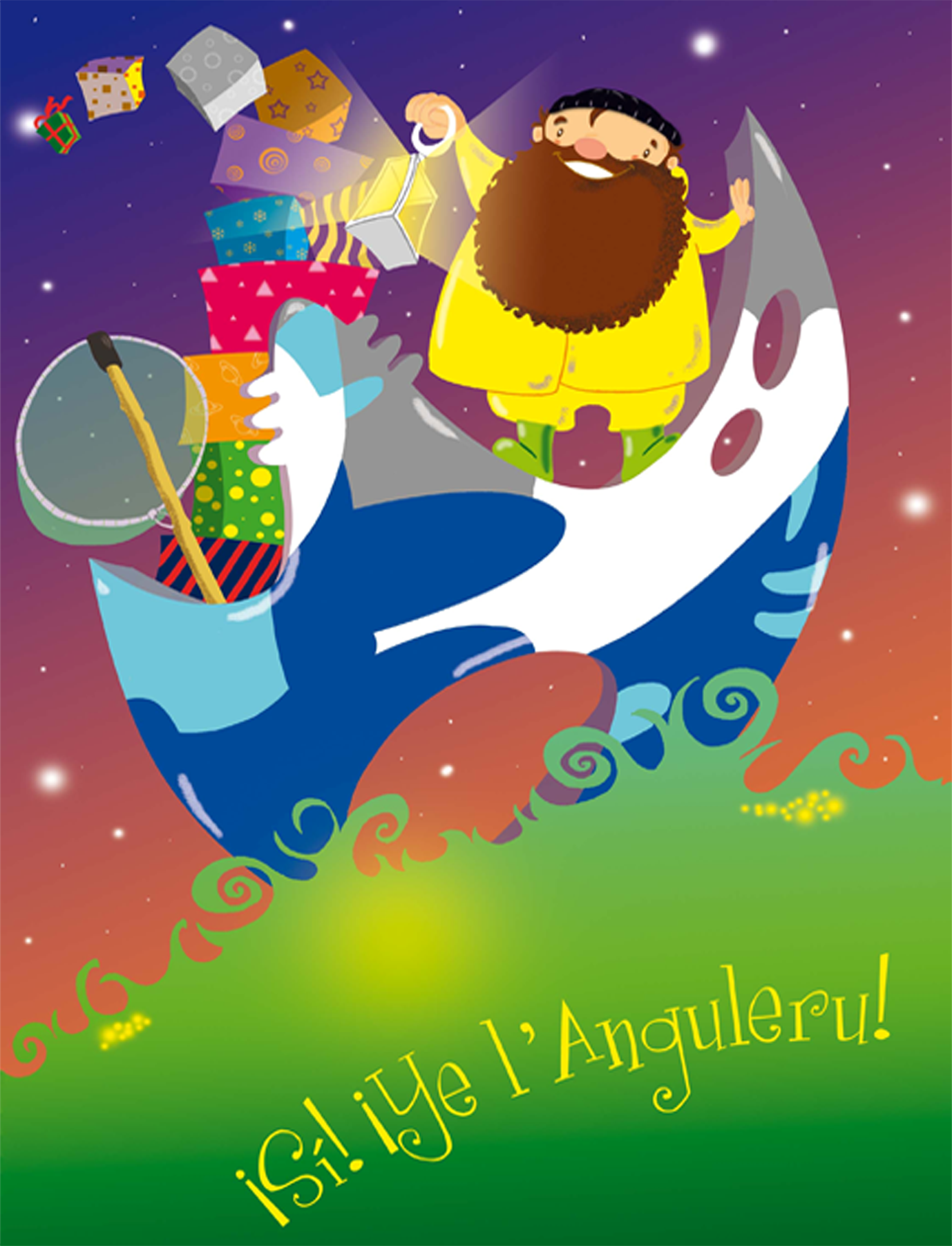 Ilustración de l'Anguleru, pescador de barba oscura y chubasquero amarillo, sobre una ola con un cargamento de regalos