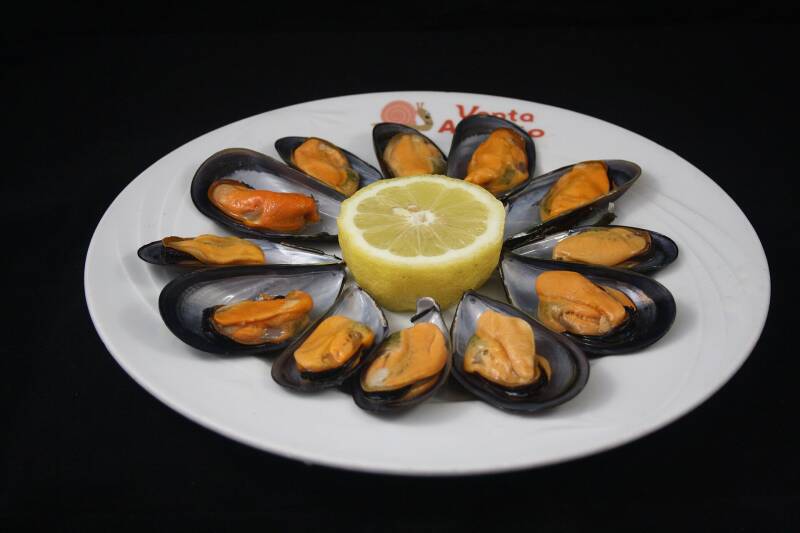 Mejillones gallegos al vapor servidos en su concha, abiertos, procedentes de las bateas de la ría