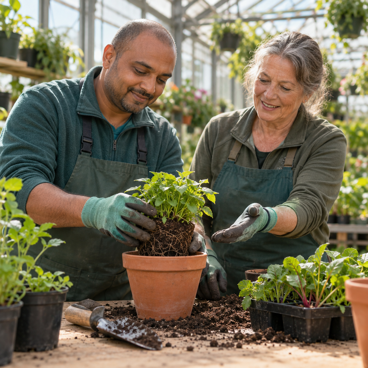Een begeleider en een medewerker oefenen samen een taak in de plantenkas.