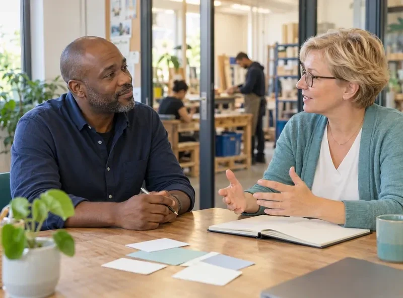 Sfeerbeeld: twee professionals bespreken een trainingsvraag in een rustig intakegesprek.