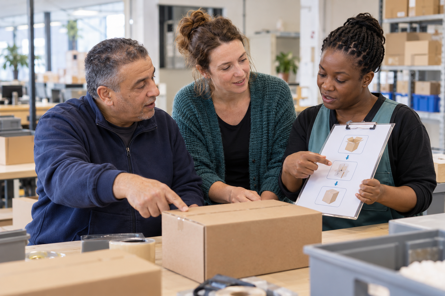 Medewerkers oefenen een werkinstructie met beeldkaarten in een werkplaats.