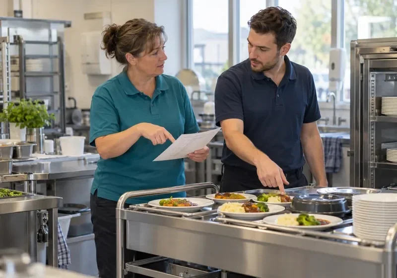 Sfeerbeeld: twee collega’s bespreken een taakverdeling in een cateringkeuken.
