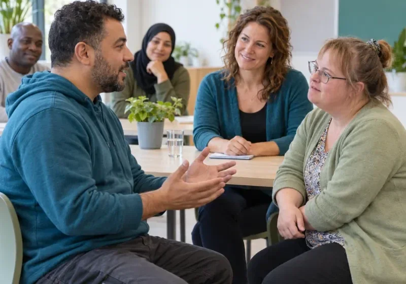 Sfeerbeeld: twee deelnemers oefenen een feedbackgesprek terwijl een trainer observeert.