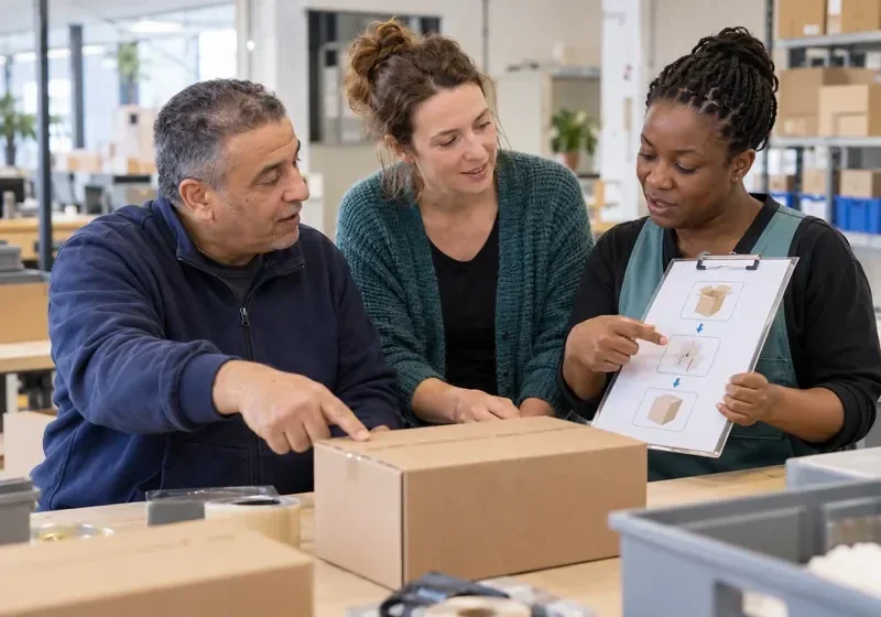 Medewerkers oefenen een werkinstructie met beeldmateriaal aan een inpaktafel.