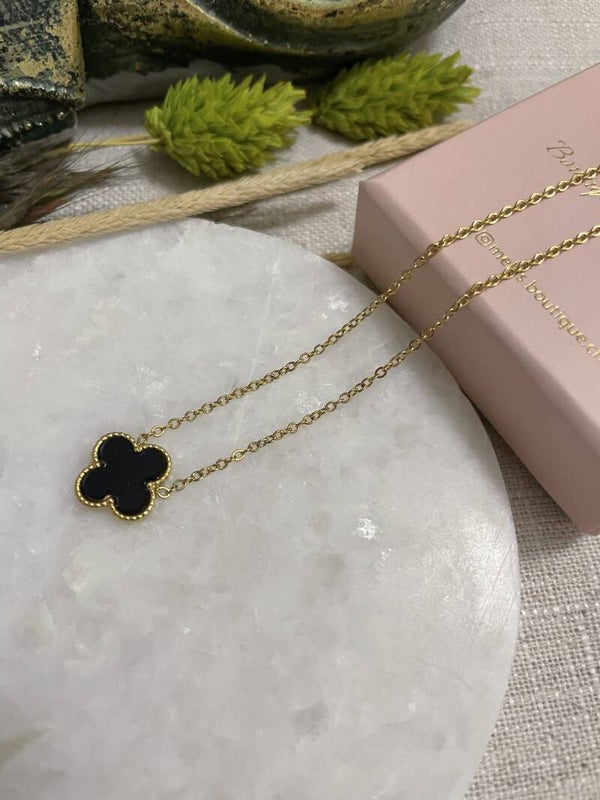 Halskette Schwarz Kleeblatt