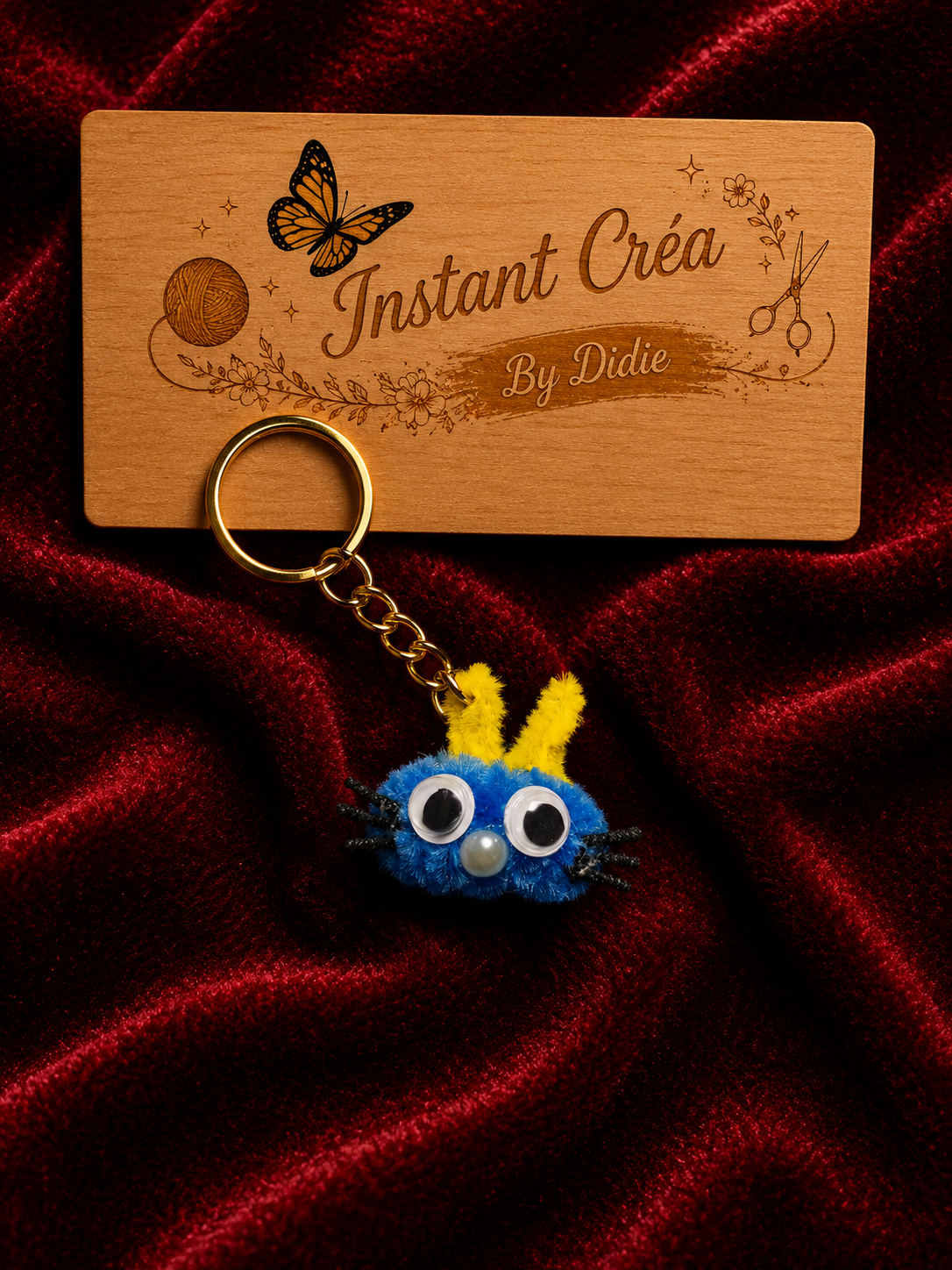 Porte-clés chat bleu et jaune