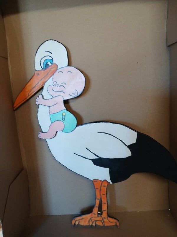 Gartenfigur Storch mit Baby