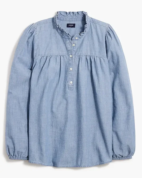 J.Crew Factory Chambray Ruffle neck Top Small Original Price $89.50