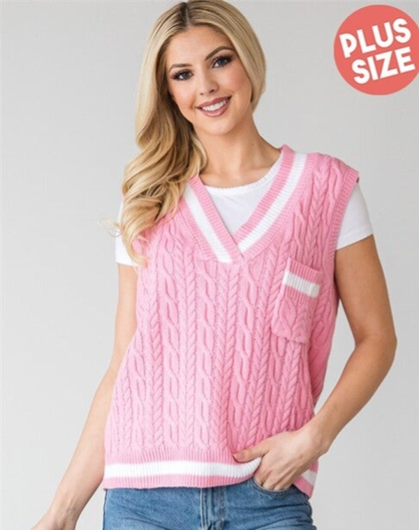 PINK PLUS SIZE CABLE KNIT V NECK SWEATER VEST XL & 3XL sizes Original Price $34