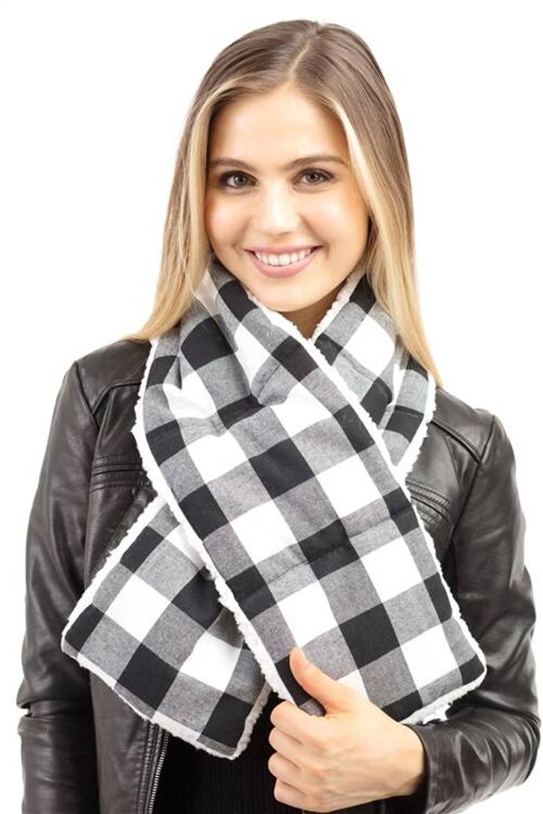 SHERPA QUILTED BUFFALO PLAID SCARF-BLACK