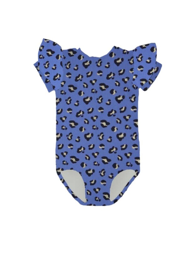 Bodystocking ruffle Panter blauw met goud korte mouw