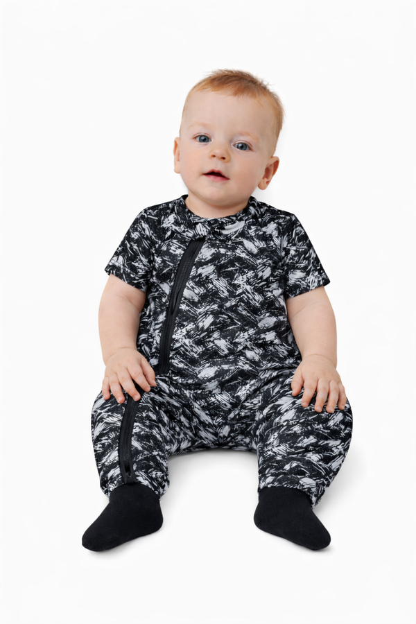 Onesie zwart met witte vegen rits korte mouw