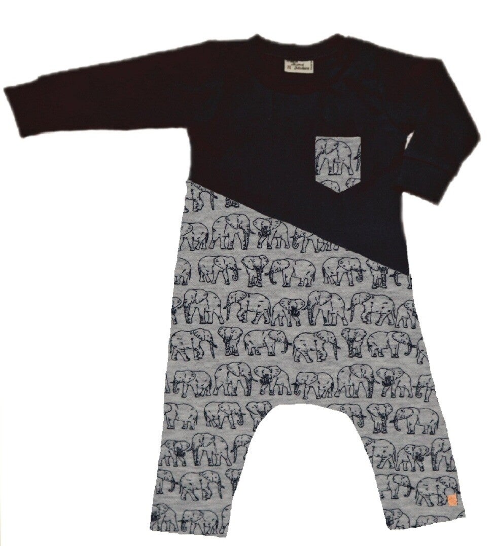 Prematuur onesie zwart olifanten grijs