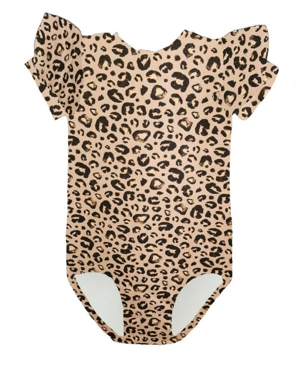 Bodystocking ruffle panter zand korte mouw
