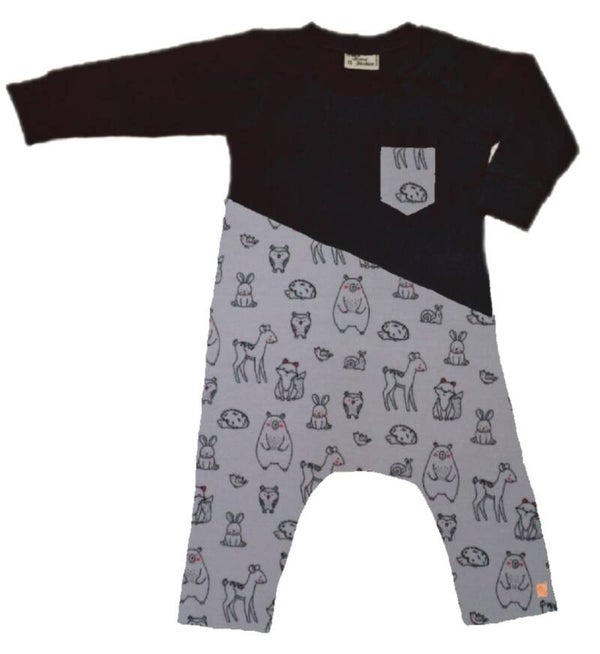 Onesie zwart diertjes grijs lange mouw