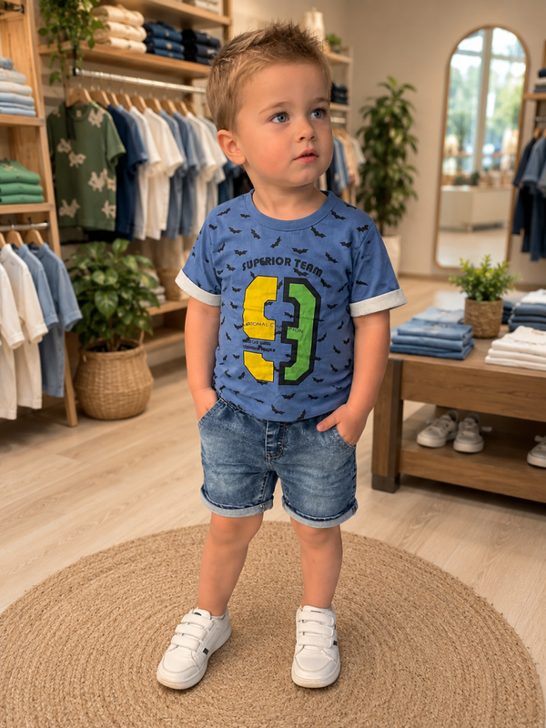 Jongens set bleu T-shirt en denim look broek