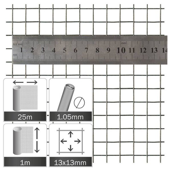 Verzinkt gaas 13x13x1.05mm, rol 25x1.0m (25.4kg)