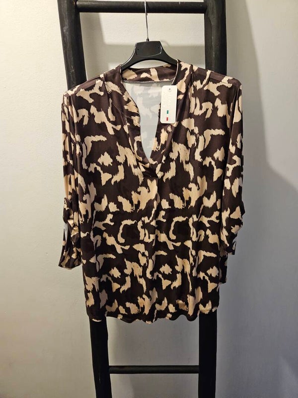 Travelstof top met print 13 bruin