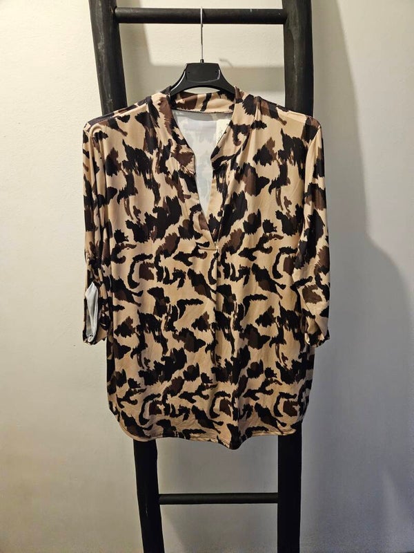 Travelstof top met print 15 zwart/bruin