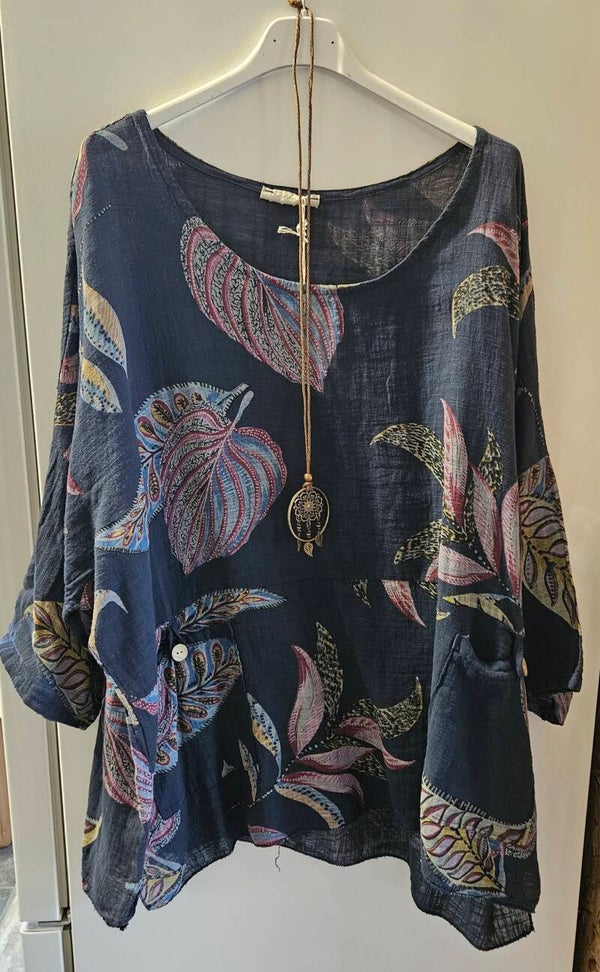 Katoenen blouse met print donkerblauw