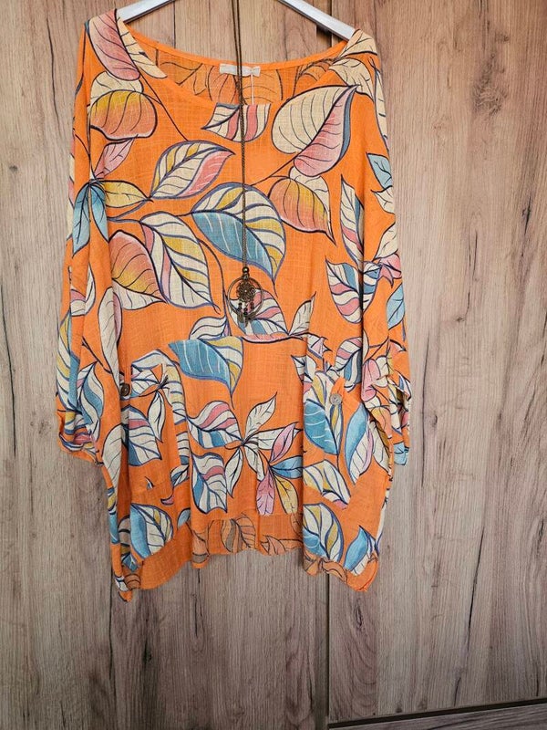 Blouse oranje met bladeren