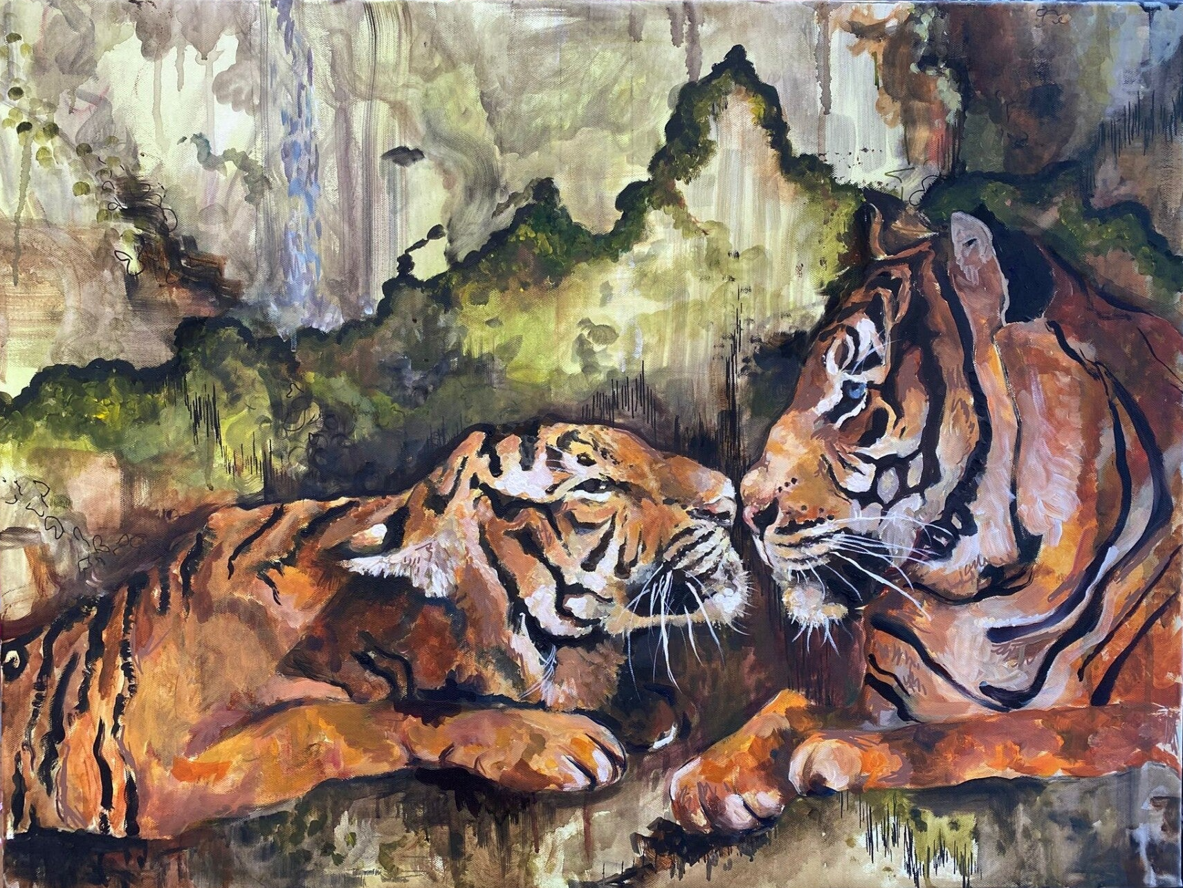 "Two Tigers came to Tea" - Orginal mixed media artwork by Ruby Marie (tigers,acrylic,paint pens,charcoal)