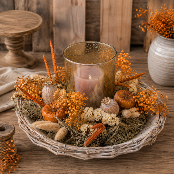 Landelijke herfstkrans oranje met windlicht