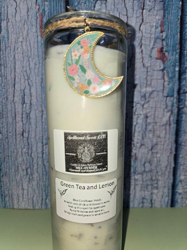 Moonlit Botanicals ( Green Tea and Lemon scented candle with real blue corn flower petals and a moon charm)