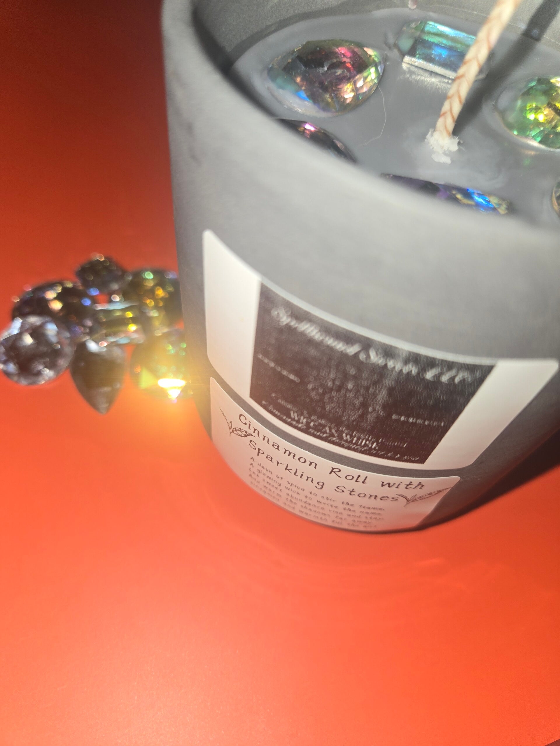 Witch’s Spell Cinnamon Roll (Cinnamon Swirl/Strawberries and Cream scented candle with sparkling stones)