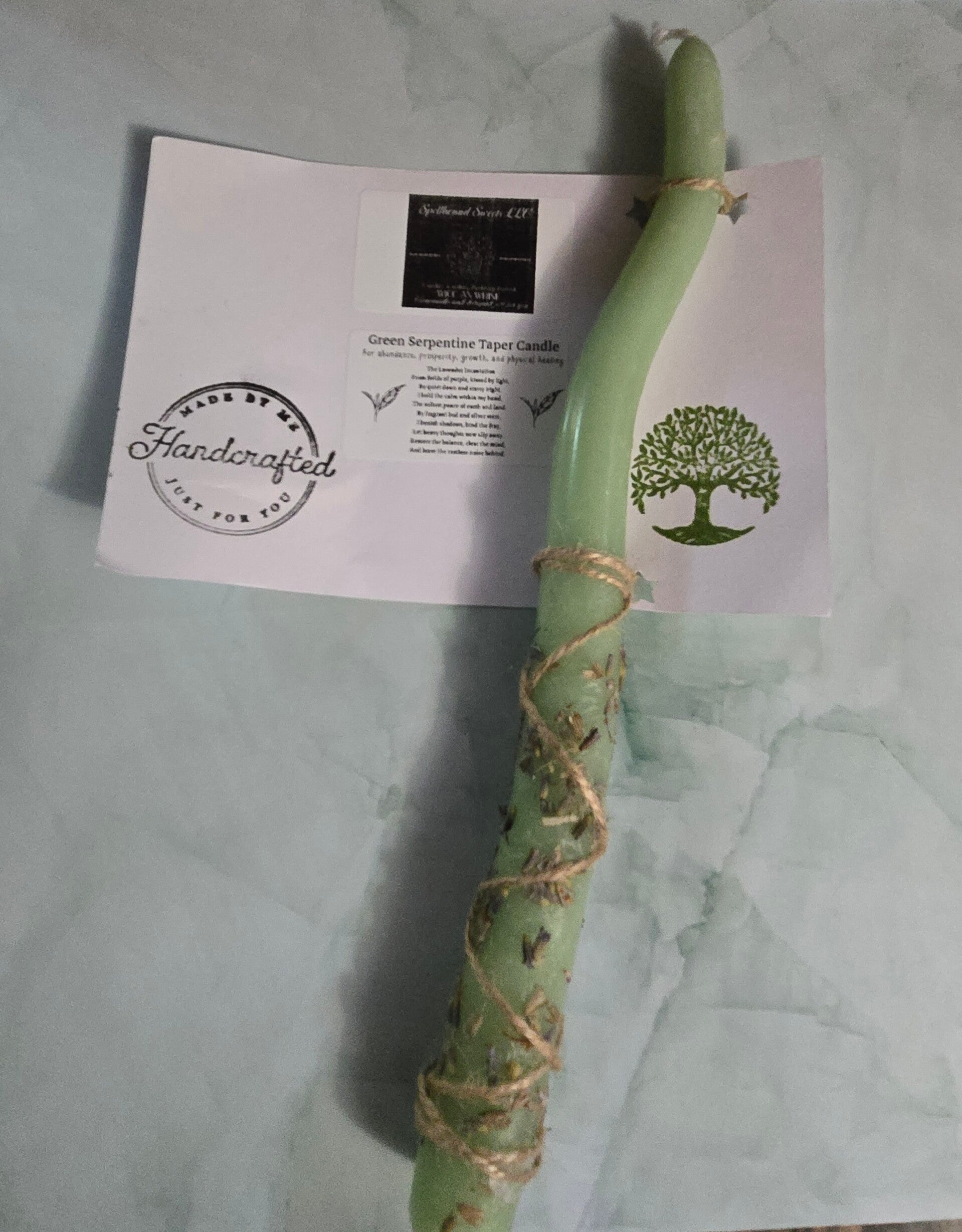 Spellbound Serenity Taper ( Green spell candle with real lavender buds and twine)