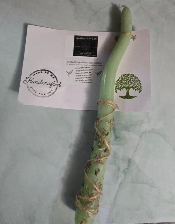 Spellbound Serenity Taper ( Green spell candle with real lavender buds and twine)