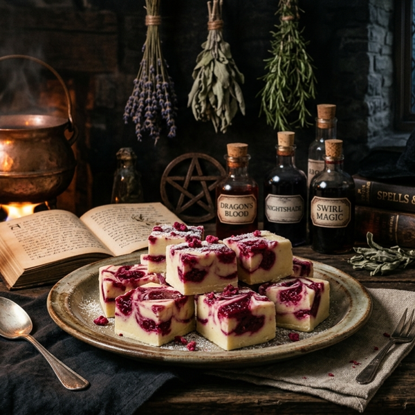 Blood Moon Elixir Bars (White Chocolate Raspberry Swirl Fudge)