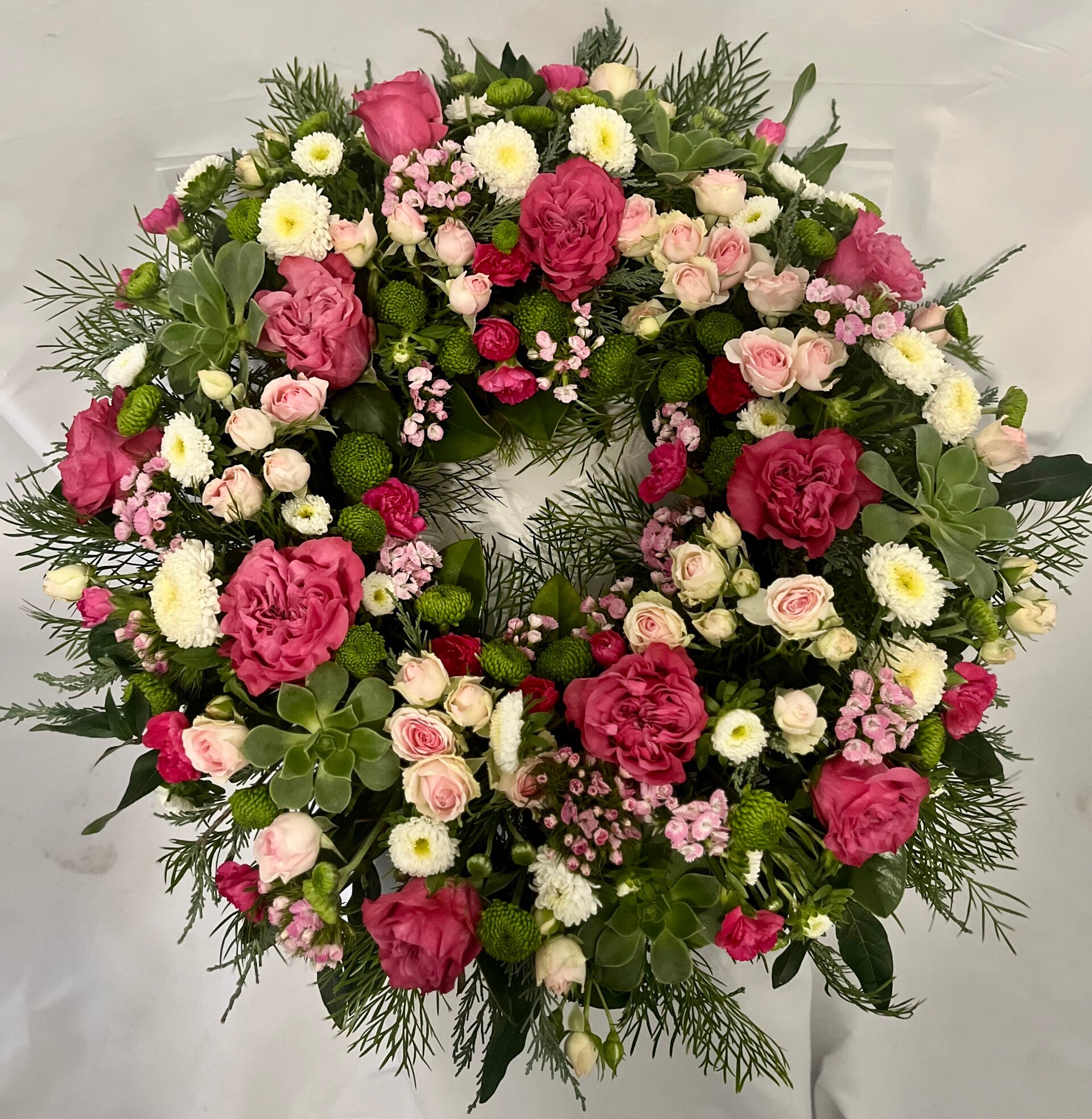 60cm pink, white, green wreath
