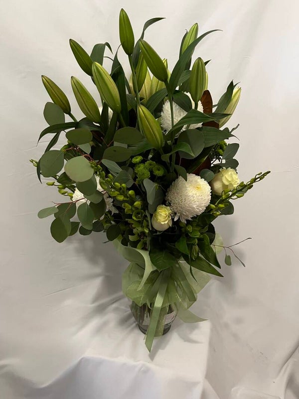 White green lux vase arrangement