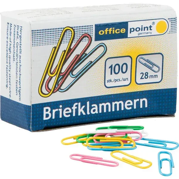 Office-Point Büroklammern 28mm, farbig sortiert, kunststoffüberzogen, 100 Stück
